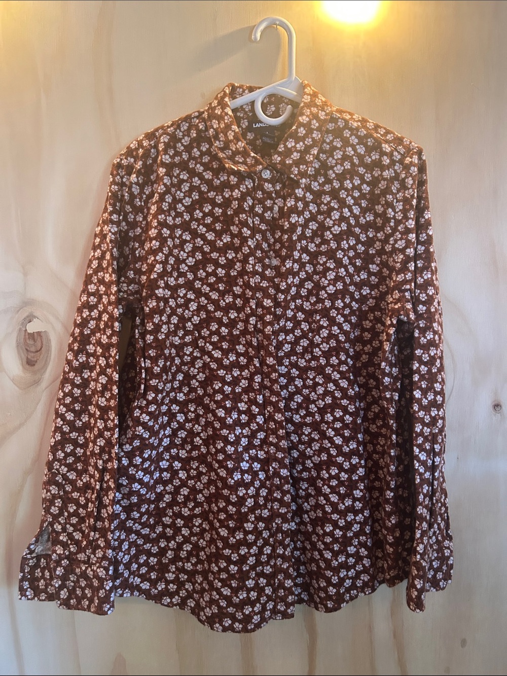 Lands' End Women's Brown Floral Button-Up Shirt